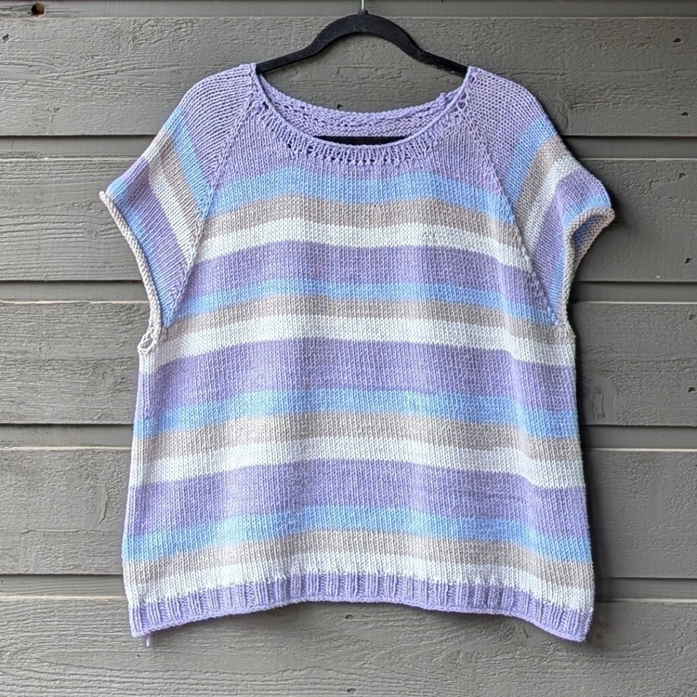 Handknit Pastel Striped Cotton Cap Sleeve Sweater Size XL Lavender Blue White